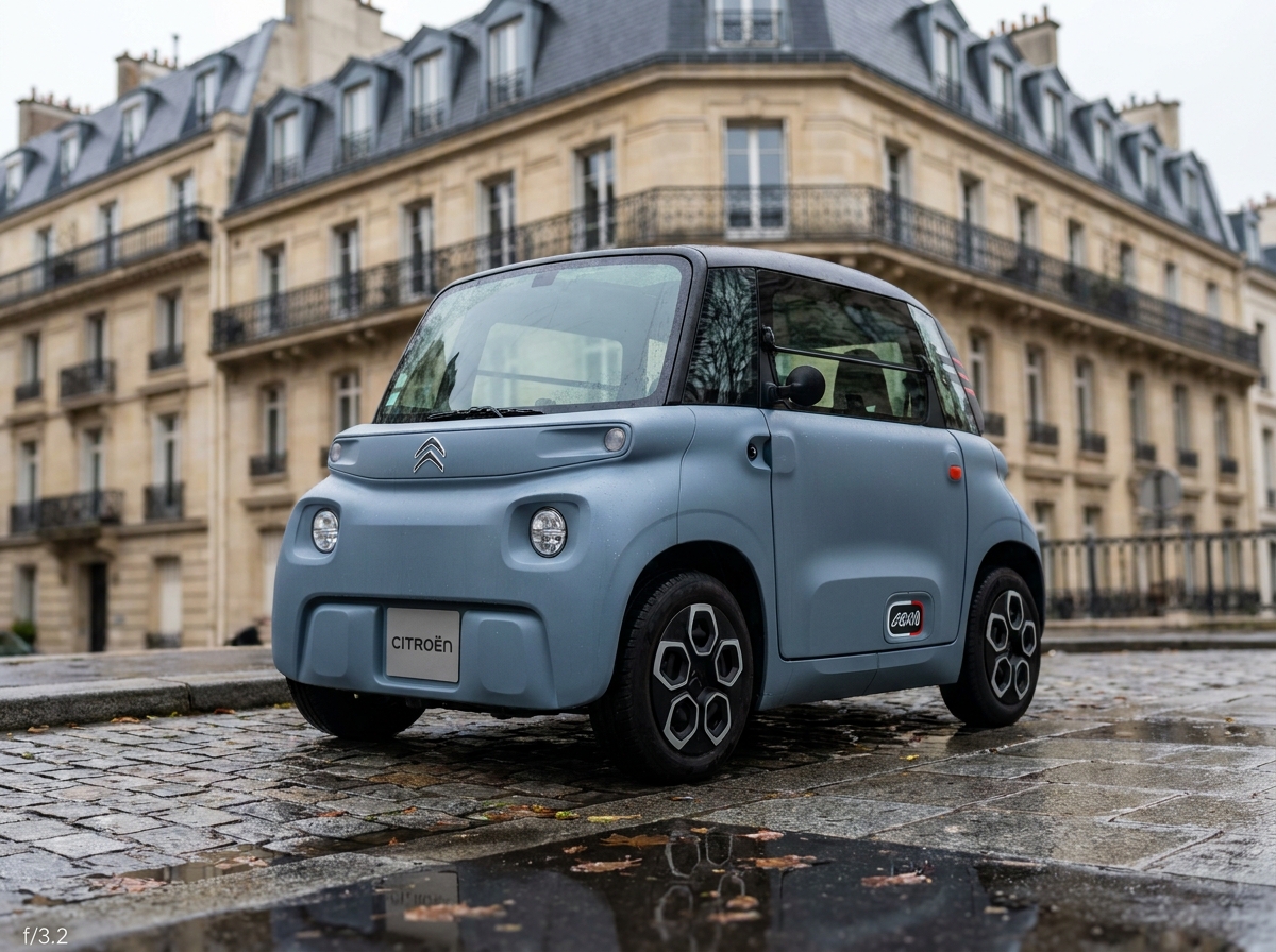 Voiture sans permis compacte garée sur un trottoir urbain parisien, vue de face en trois quarts