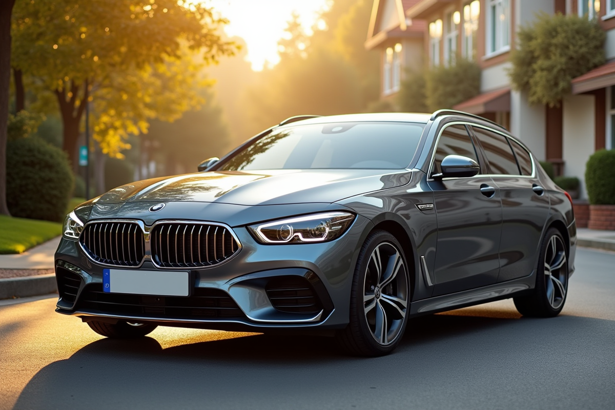 Voiture moderne stationnee ensoleillee dans une rue de banlieue