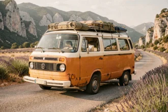 Volkswagen Combi T3 deux tons crème et orange garé sur une route de montagne en France entouré de champs de lavande