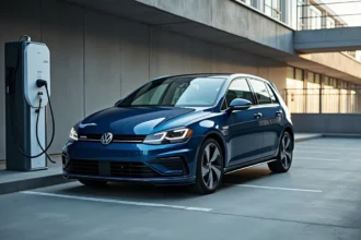 Volkswagen Golf 7 GTE branchée sur une borne de recharge dans un parking moderne, vue trois quarts avant mettant en valeur le badge GTE bleu