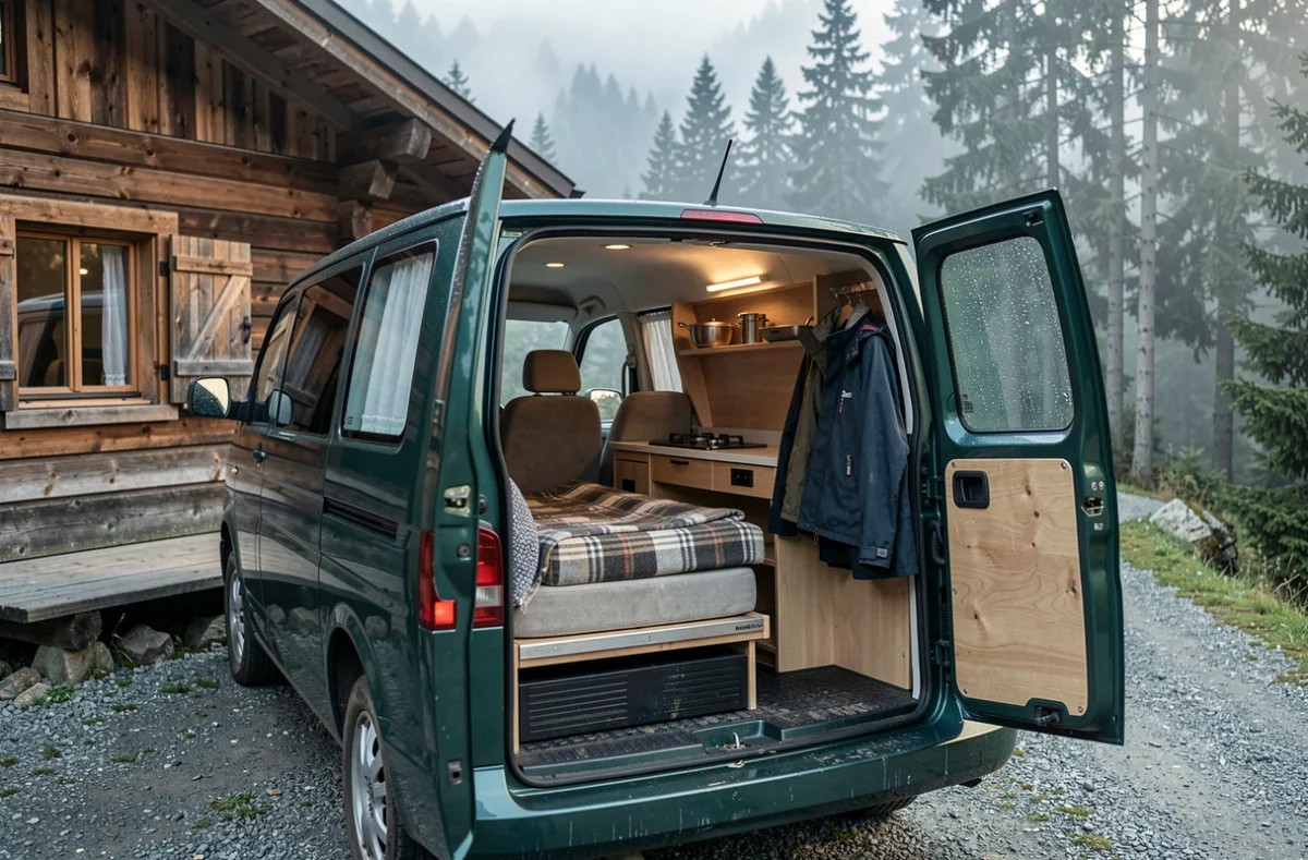 Intérieur aménagé d'un Volkswagen T4 Multivan vert ouvert devant un chalet alpin entouré de forêt de pins
