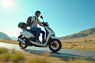 Voyageur solo en scooter dans la campagne ensoleillee