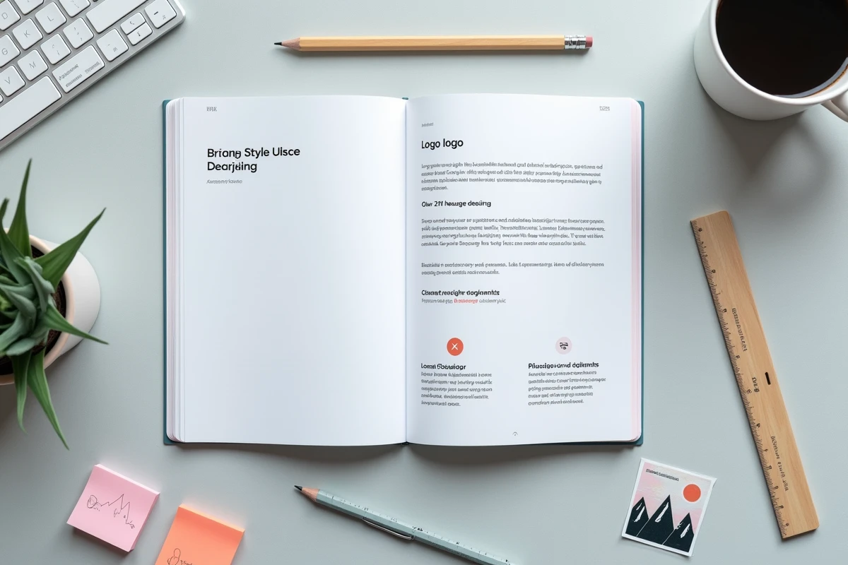 Vue de dessus d'un guide de charte graphique alpin ouvert avec annotations et matériel de design sur bureau
