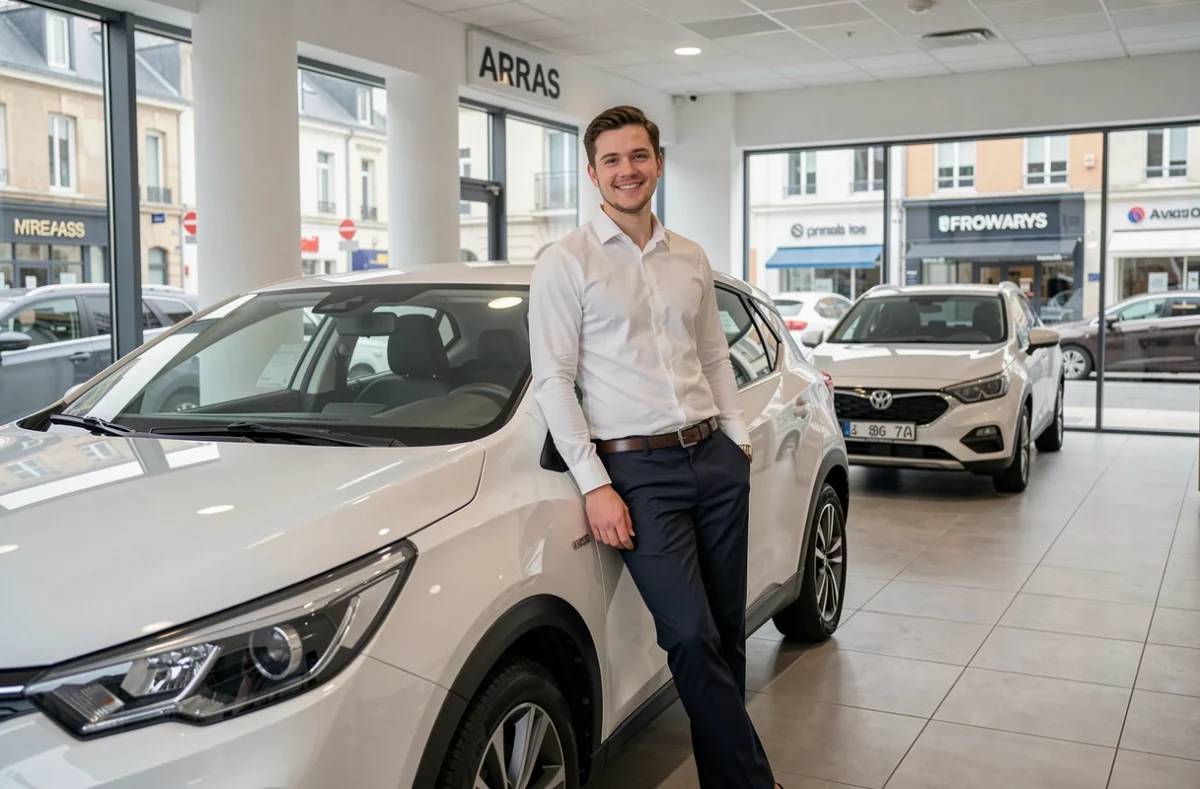 Conseiller commercial de WeYouCar Arras dans un showroom moderne présentant un SUV d'occasion avec un intérieur épuré