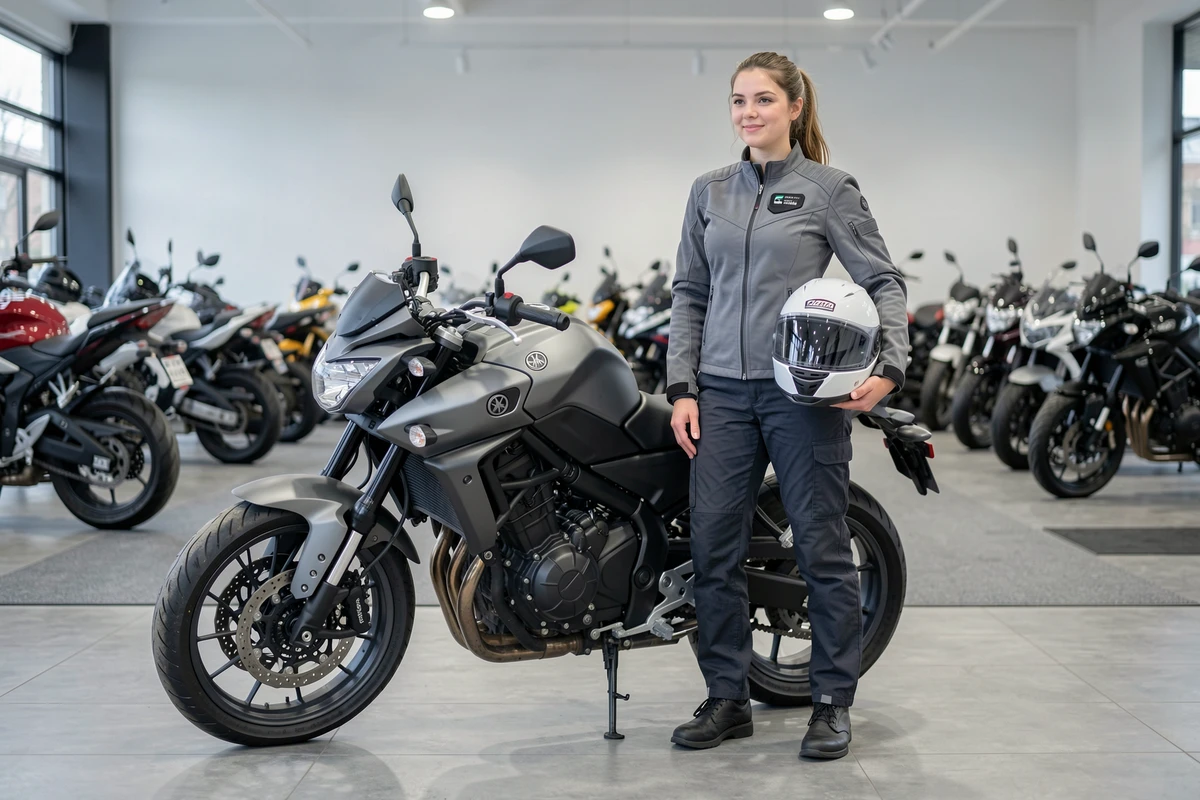 Motarde posant à côté d'une Yamaha MT-07 bridée grise dans une concession moto, option permis A2
