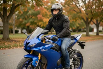 Jeune motard en veste textile assis sur une Yamaha R7 bleue en milieu urbain, idéale pour le permis A2