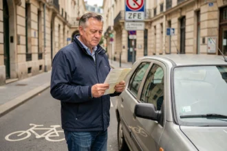 Homme tenant une lettre administrative devant sa voiture diesel dans une rue urbaine française avec panneau de ZFE visible en arrière-plan
