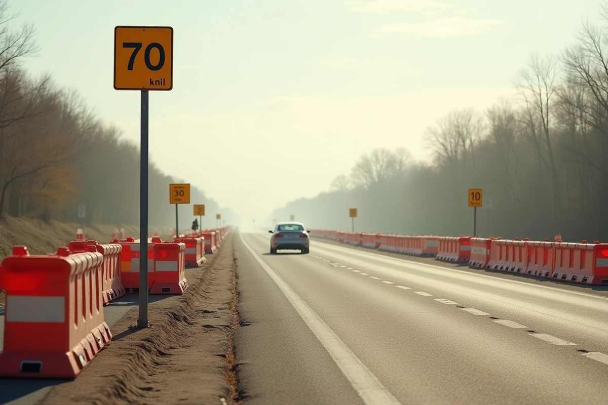 Zone de travaux sur autoroute avec radar fixe et limitation de vitesse à 70 km/h, illustrant les contrôles de vitesse en chantier routier